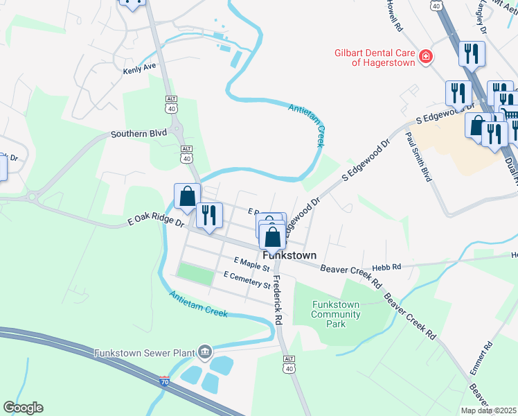 map of restaurants, bars, coffee shops, grocery stores, and more near 20 -22 West Poplar Street in Funkstown