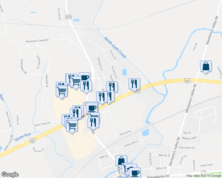 map of restaurants, bars, coffee shops, grocery stores, and more near 12 Mahogany Drive in North East