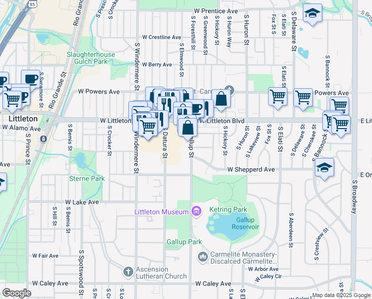 map of restaurants, bars, coffee shops, grocery stores, and more near 5755 South Gallup Street in Littleton