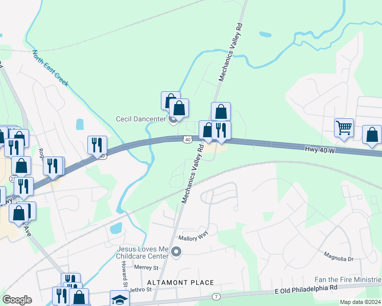map of restaurants, bars, coffee shops, grocery stores, and more near 493 Mechanics Valley Road in North East
