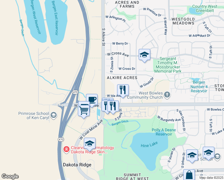 map of restaurants, bars, coffee shops, grocery stores, and more near 5815 South Zang Street in Littleton