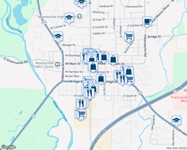 map of restaurants, bars, coffee shops, grocery stores, and more near 27 South Indiana Street in Mooresville