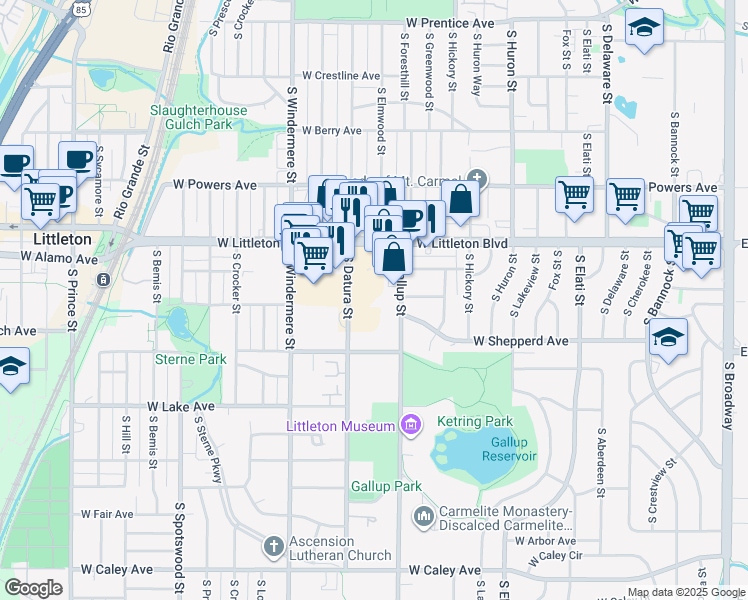 map of restaurants, bars, coffee shops, grocery stores, and more near 5807 South Gallup Street in Littleton