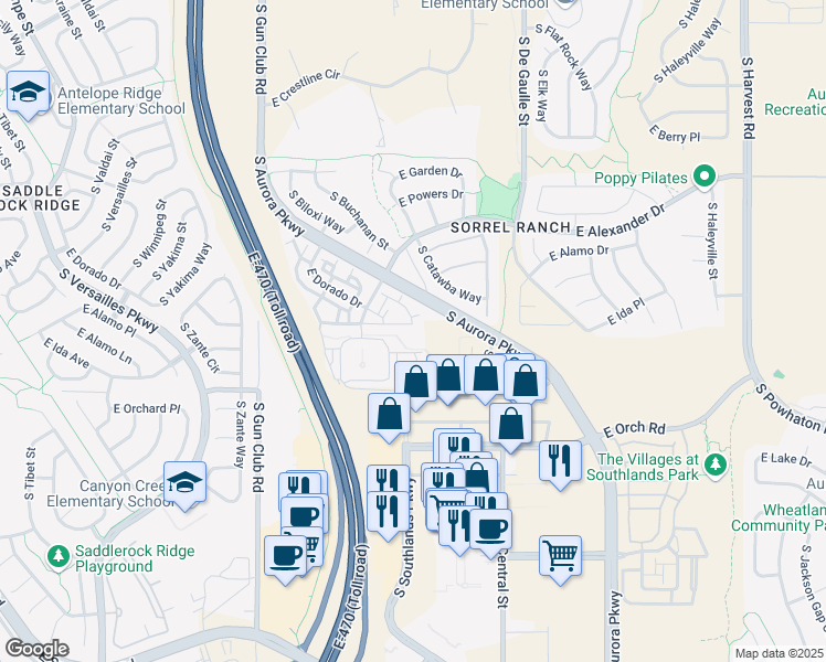 map of restaurants, bars, coffee shops, grocery stores, and more near 5721 South Catawba Way in Aurora