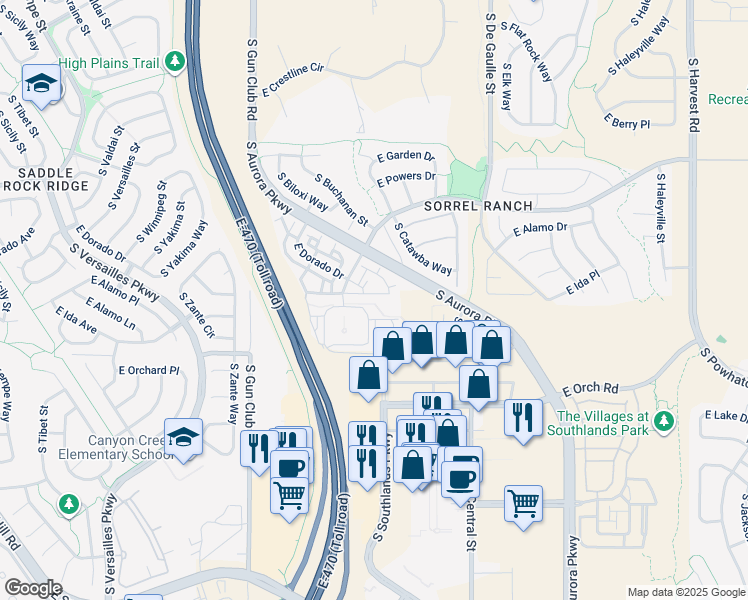 map of restaurants, bars, coffee shops, grocery stores, and more near 5755 South Buchanan Court in Aurora