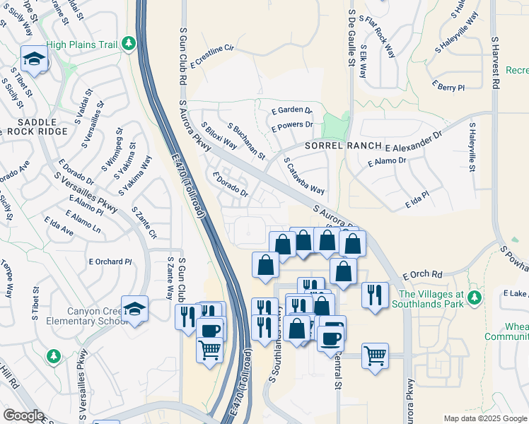 map of restaurants, bars, coffee shops, grocery stores, and more near 5755 South Buchanan Court in Aurora