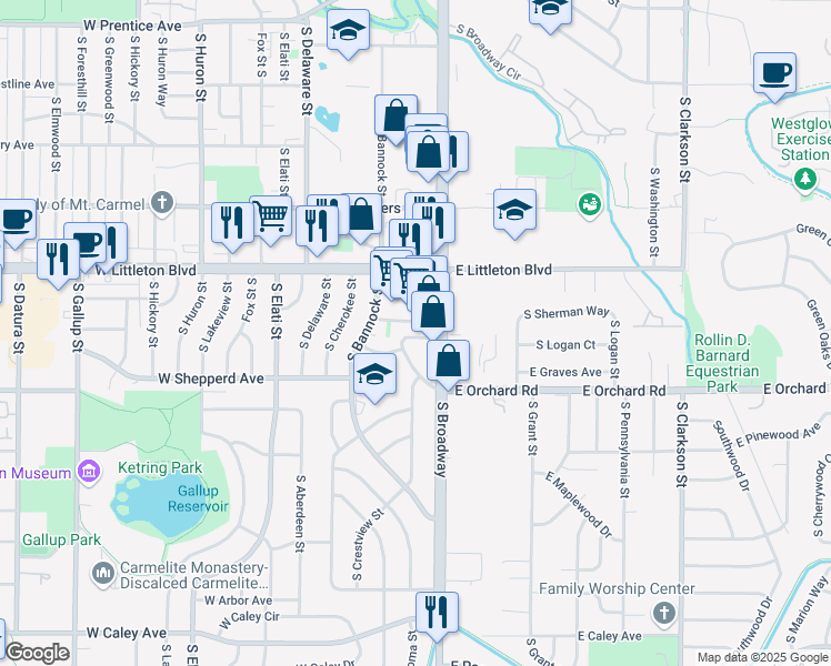 map of restaurants, bars, coffee shops, grocery stores, and more near 201 West Ida Avenue in Littleton