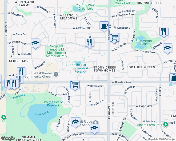 map of restaurants, bars, coffee shops, grocery stores, and more near 11913 West Long Circle in Littleton