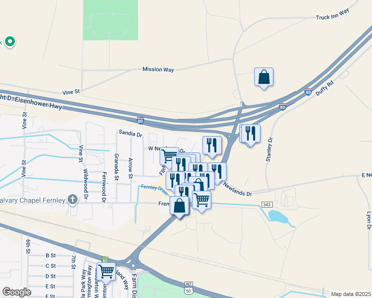map of restaurants, bars, coffee shops, grocery stores, and more near 1252 West Newlands Drive in Fernley