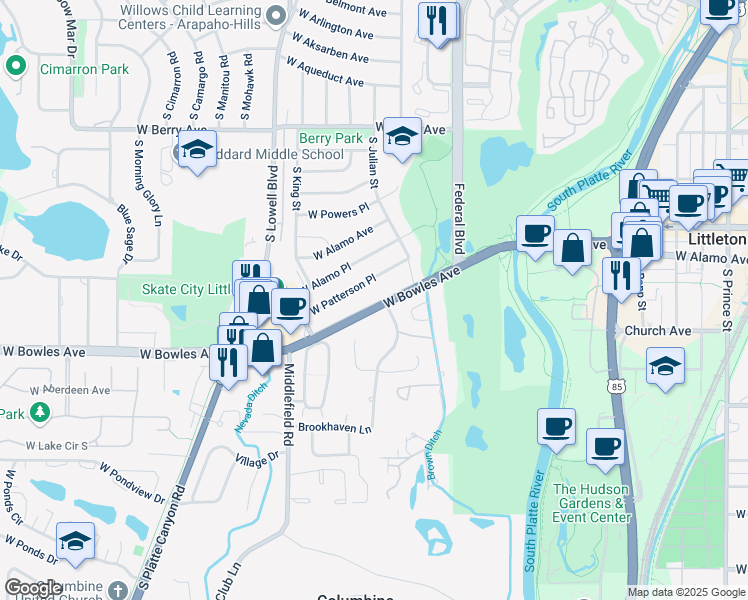 map of restaurants, bars, coffee shops, grocery stores, and more near 3463 West Bowles Avenue in Littleton