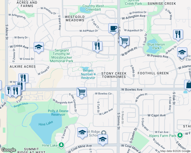 map of restaurants, bars, coffee shops, grocery stores, and more near 11913 West Long Circle in Littleton