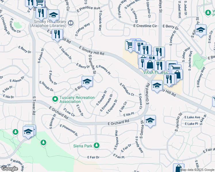 map of restaurants, bars, coffee shops, grocery stores, and more near 5817 South Danube Street in Aurora