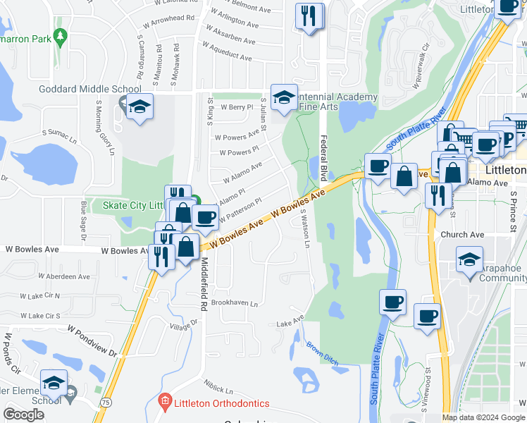 map of restaurants, bars, coffee shops, grocery stores, and more near 3463 West Bowles Avenue in Littleton