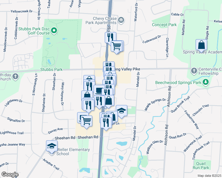 map of restaurants, bars, coffee shops, grocery stores, and more near 55 Rhoads Center Drive in Dayton