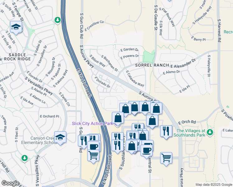 map of restaurants, bars, coffee shops, grocery stores, and more near 5755 South Buchanan Court in Aurora