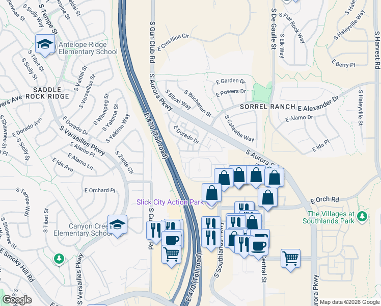 map of restaurants, bars, coffee shops, grocery stores, and more near 23565 East Platte Drive in Aurora