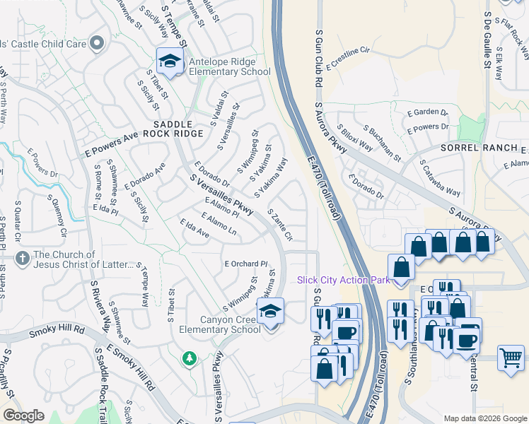 map of restaurants, bars, coffee shops, grocery stores, and more near 5668-5798 South Zante Circle in Aurora