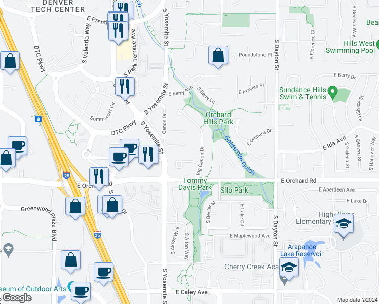 map of restaurants, bars, coffee shops, grocery stores, and more near 14 Canon Place in Greenwood Village