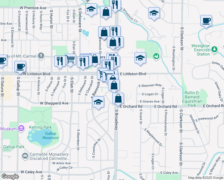 map of restaurants, bars, coffee shops, grocery stores, and more near 5800 South Broadway in Littleton