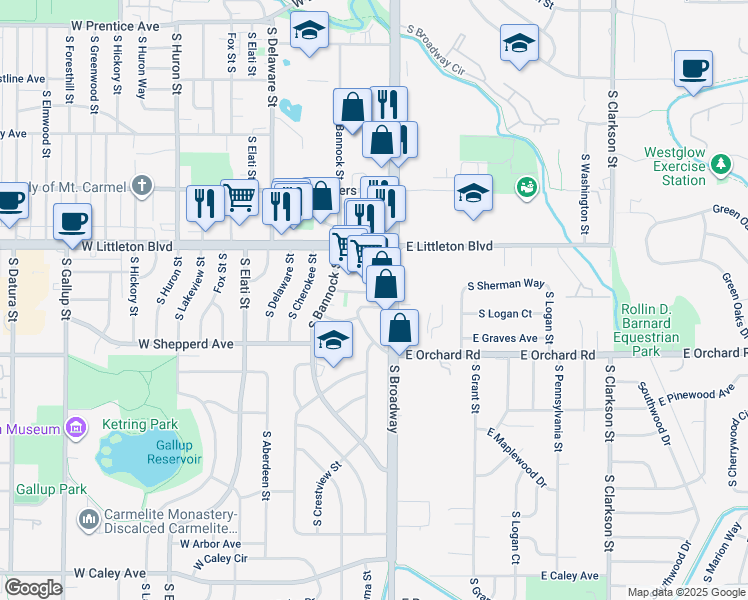 map of restaurants, bars, coffee shops, grocery stores, and more near 201 West Ida Avenue in Littleton