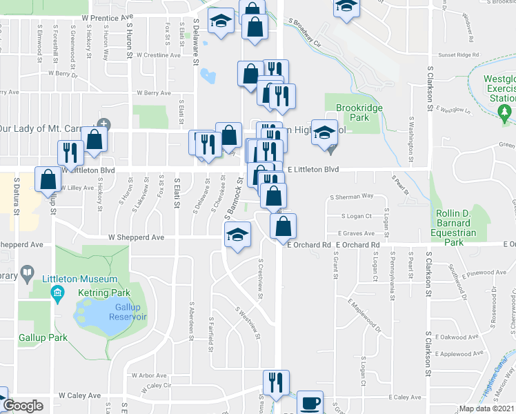 map of restaurants, bars, coffee shops, grocery stores, and more near 201 West Ida Avenue in Littleton