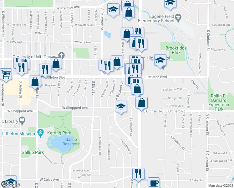 map of restaurants, bars, coffee shops, grocery stores, and more near 5773 South Bannock Street in Littleton