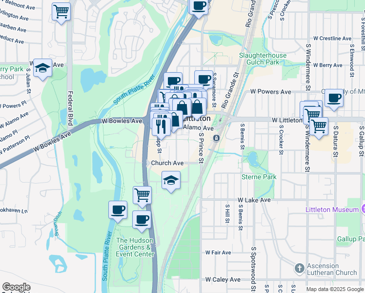 map of restaurants, bars, coffee shops, grocery stores, and more near 5780 South Curtice Street in Littleton