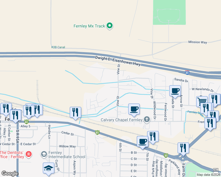 map of restaurants, bars, coffee shops, grocery stores, and more near 315 Vine Street in Fernley