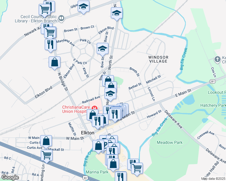 map of restaurants, bars, coffee shops, grocery stores, and more near 109-115 Stockton Street in Elkton