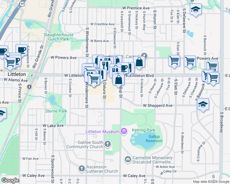map of restaurants, bars, coffee shops, grocery stores, and more near 5755 South Gallup Street in Littleton