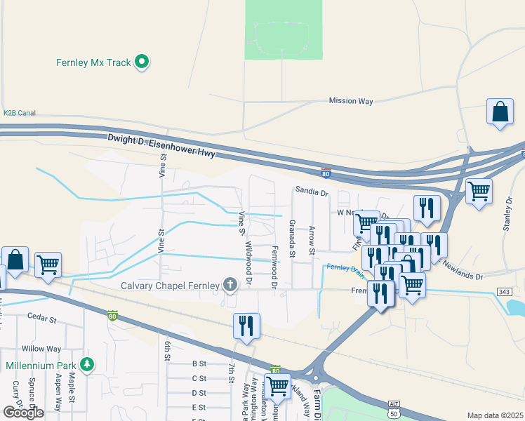 map of restaurants, bars, coffee shops, grocery stores, and more near 107 Eaglewood Drive in Fernley