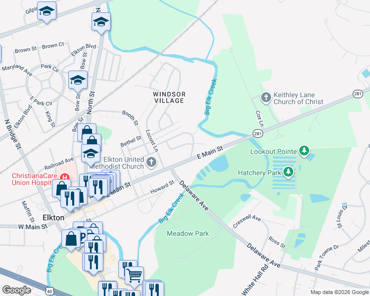 map of restaurants, bars, coffee shops, grocery stores, and more near 209 Friendship Road in Elkton