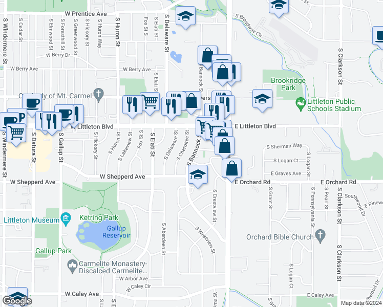 map of restaurants, bars, coffee shops, grocery stores, and more near 5795 South Bannock Street in Littleton