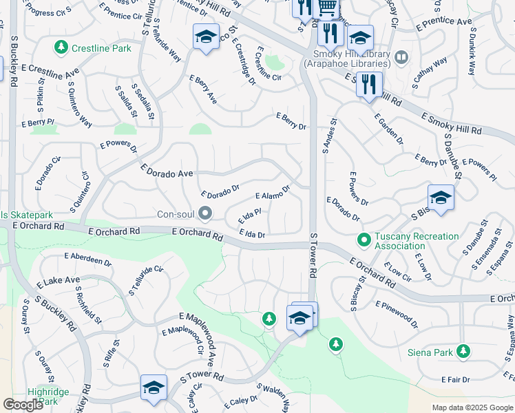 map of restaurants, bars, coffee shops, grocery stores, and more near 18145 East Alamo Drive in Centennial