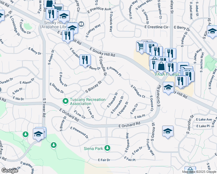 map of restaurants, bars, coffee shops, grocery stores, and more near 5745 South Danube Circle in Aurora