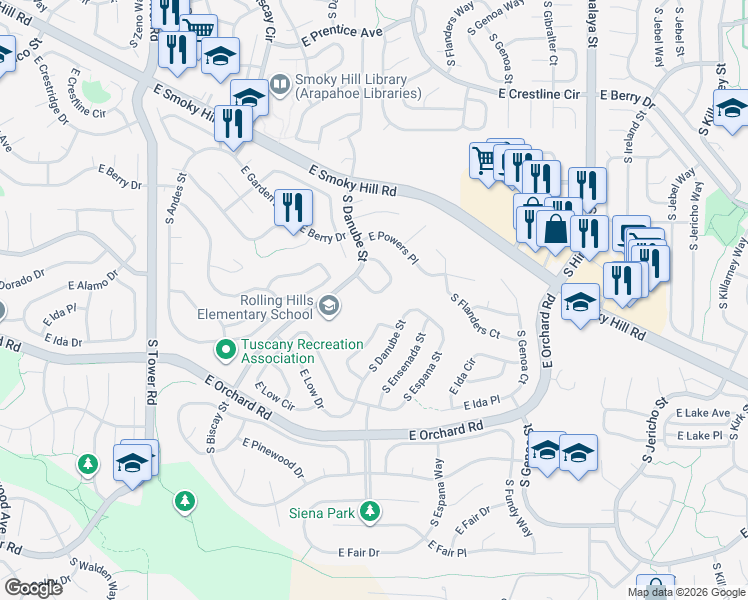 map of restaurants, bars, coffee shops, grocery stores, and more near 5745 South Danube Circle in Aurora