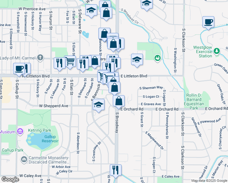 map of restaurants, bars, coffee shops, grocery stores, and more near 5800 South Broadway in Littleton