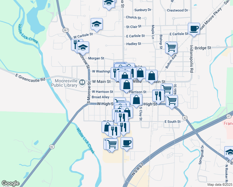map of restaurants, bars, coffee shops, grocery stores, and more near 30 West Harrison Street in Mooresville