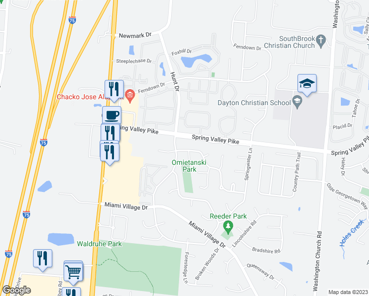 map of restaurants, bars, coffee shops, grocery stores, and more near 2467 Cross Village Drive in Miamisburg