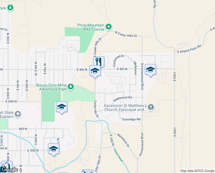 map of restaurants, bars, coffee shops, grocery stores, and more near 688 North Birch Circle in Price