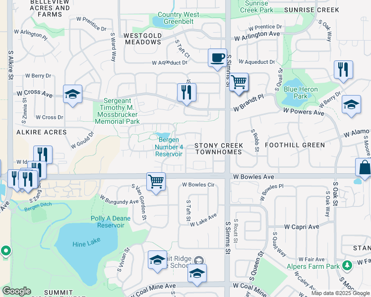 map of restaurants, bars, coffee shops, grocery stores, and more near 10969 West Long Circle in Littleton