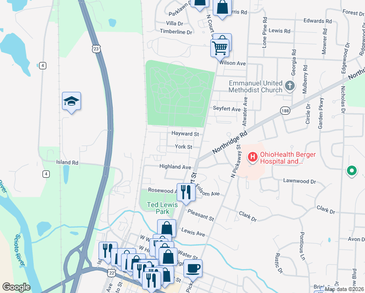 map of restaurants, bars, coffee shops, grocery stores, and more near 131 York Street in Circleville