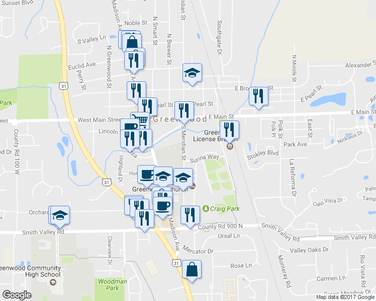 map of restaurants, bars, coffee shops, grocery stores, and more near 311 South Meridian Street in Greenwood
