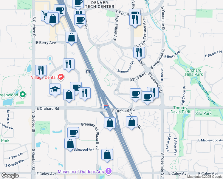 map of restaurants, bars, coffee shops, grocery stores, and more near 5613 DTC Parkway in Greenwood Village