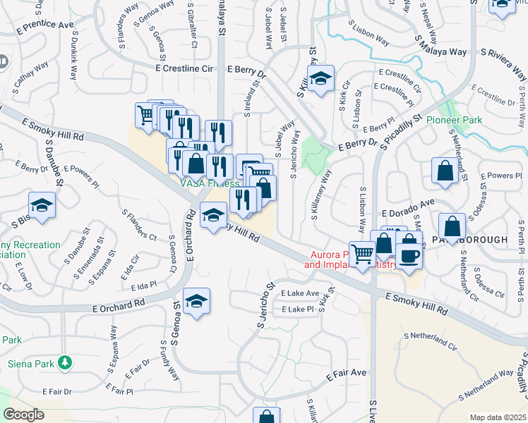 map of restaurants, bars, coffee shops, grocery stores, and more near 20269 East Smoky Hill Road in Centennial