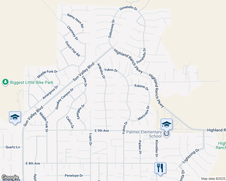 map of restaurants, bars, coffee shops, grocery stores, and more near 6350 Pima Court in Sun Valley