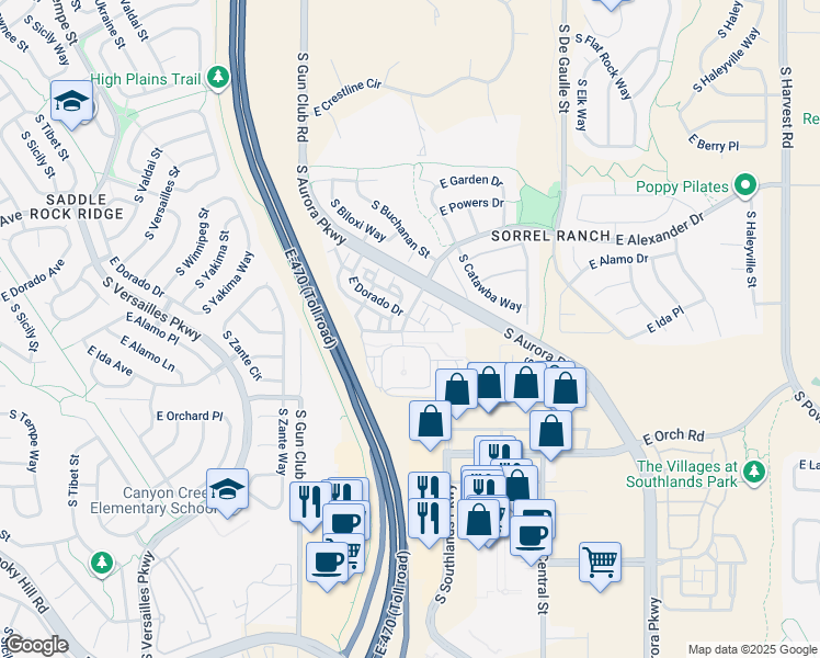 map of restaurants, bars, coffee shops, grocery stores, and more near 5755 South Buchanan Court in Aurora