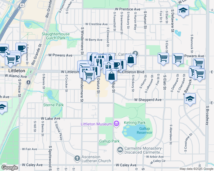 map of restaurants, bars, coffee shops, grocery stores, and more near 5755 South Gallup Street in Littleton