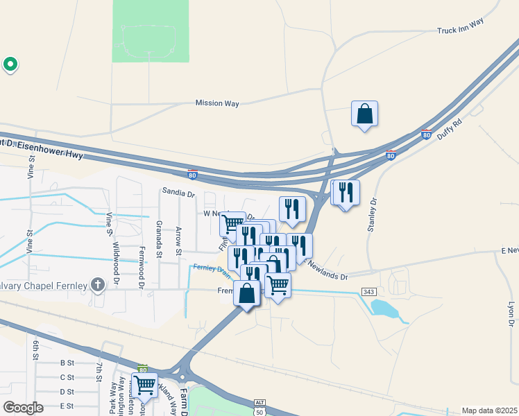 map of restaurants, bars, coffee shops, grocery stores, and more near 1252 West Newlands Drive in Fernley