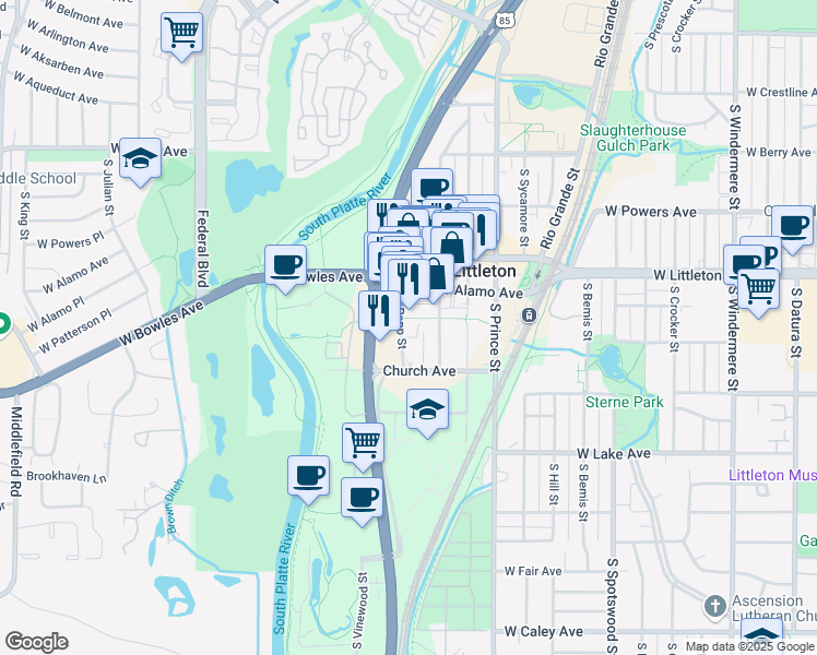 map of restaurants, bars, coffee shops, grocery stores, and more near 2694 West Alamo Avenue in Littleton